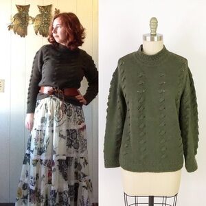 Alpaca Forest Green Cable Knit Cozy Sweater Mockneck Adventurecore Cabincore